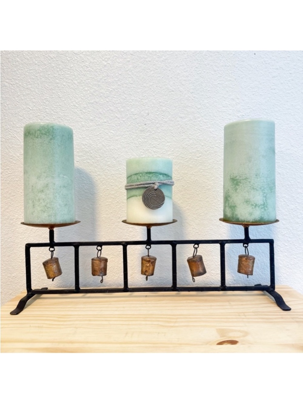 Pier 1 Green Candle Set with Metal Bells Holder